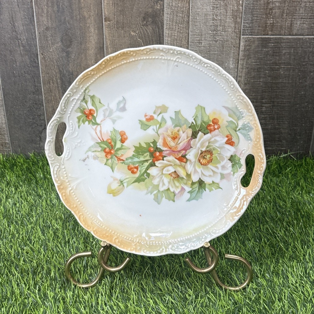 Antique German Porcelain Handled Cake Plate Floral Gold Trim c.1890-1910